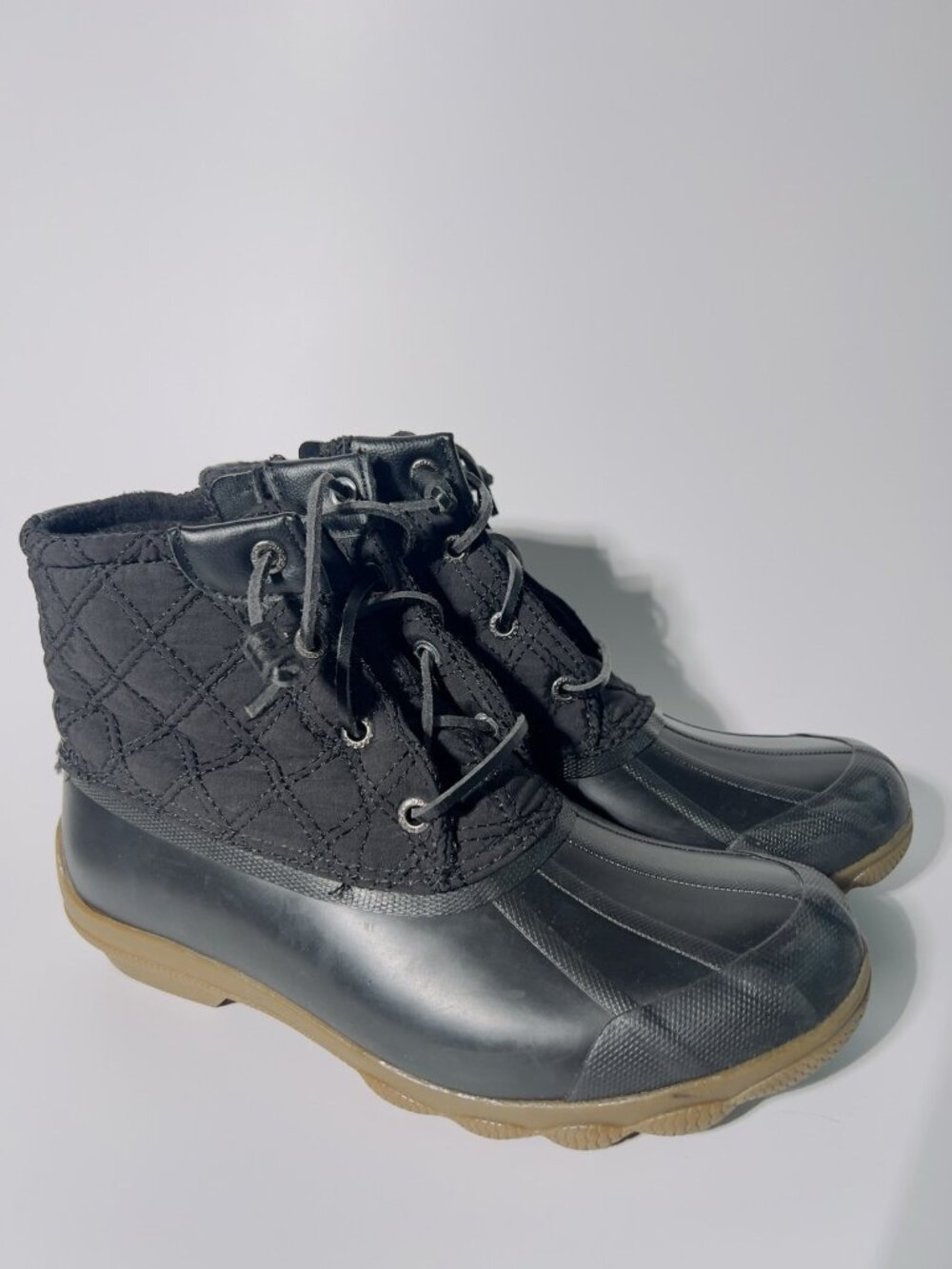 Womens 7 M Sperry Saltwater Quilted Duck Boots Black Waterproof Lace-Up Side Zip - Picture 11 of 15